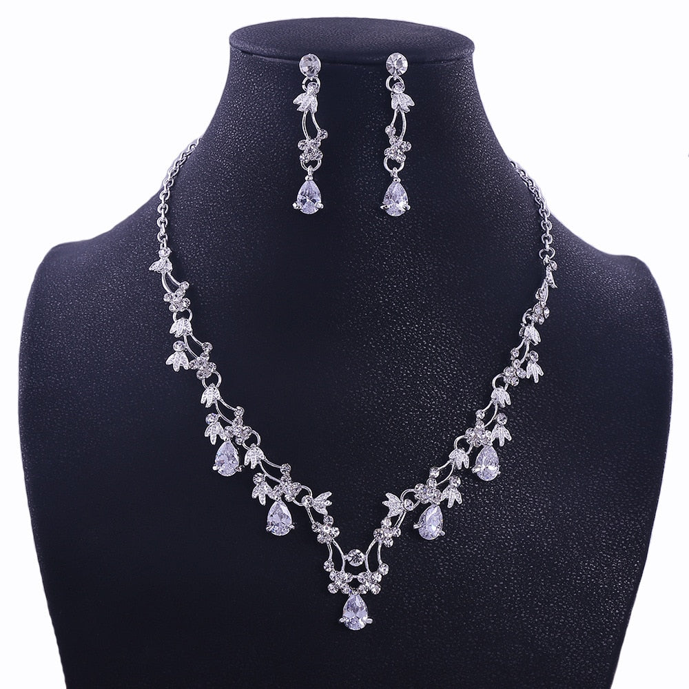 Luxury Sliver Plated Rhinestone Crystal Faux Pearl Necklace Earrings Jewelry Set For Bride Wedding African Costume Jewelry Sets