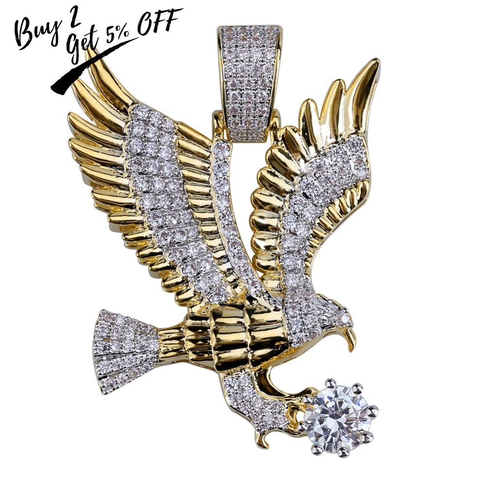 TOPGRILLZ Hip Hop Gold Color Plated Copper Iced Out Micro Paved CZ Eagle Pendant Necklace Men Charm Jewelry Three Style Chains