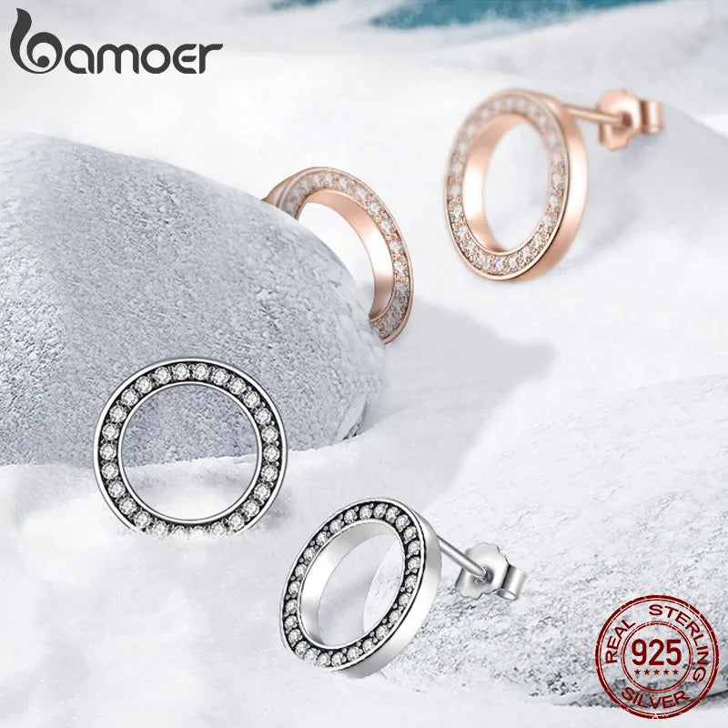 BAMOER Forever Clear CZ 925 Sterling Silver Circle Round Stud Earrings with CZ Jewelry GIFT Oorbellen Bijoux PAS437