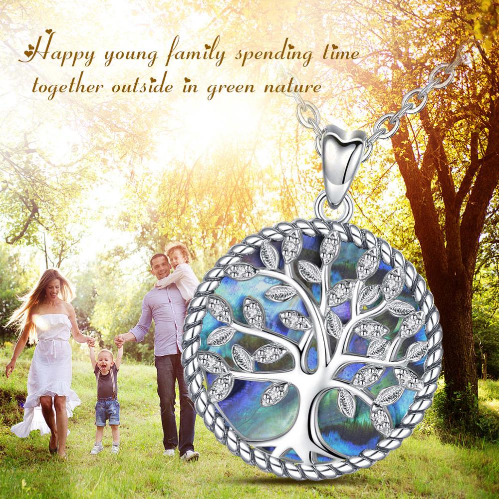 EUDORA 925 Sterling Silver Tree Of Life Pendant Crystal Leaf Blue Mother of Pearl Necklace Women Fine Jewelry Gift with Box D170