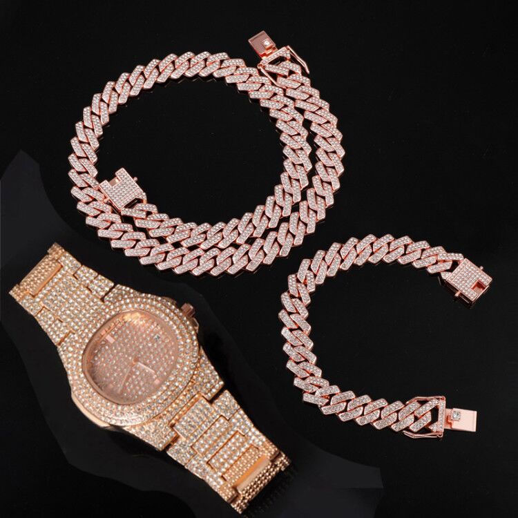 Hip Hop 15MM Necklace +Watch+Bracelet Bling Iced Out Miami Zircon Cuban Pave Rhinestone Men Bracelet Necklace For Men Jewelry