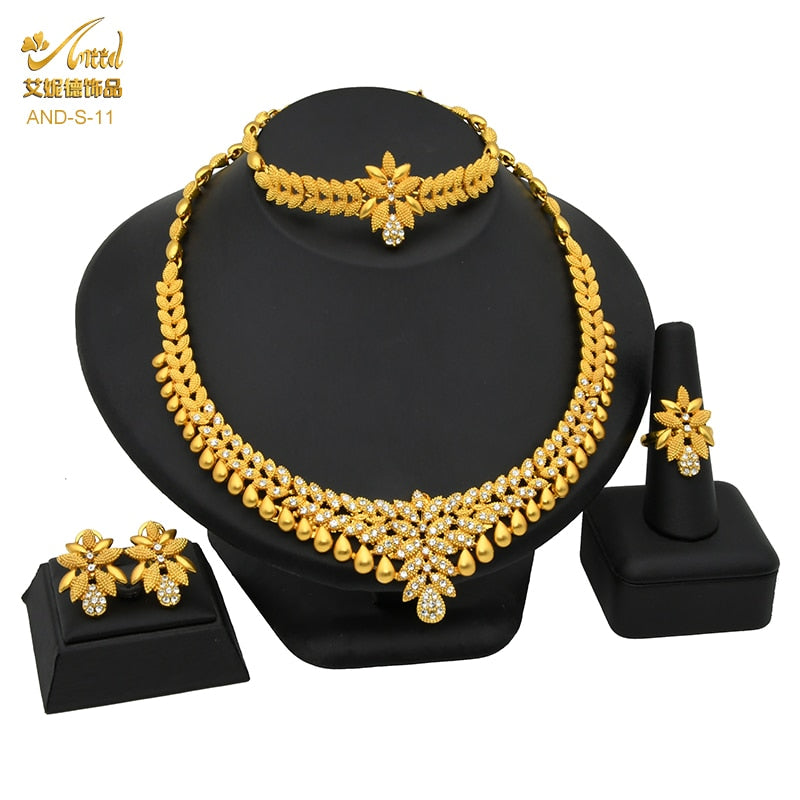 ANIID African Jewelry Set Big Necklace Dubai Ethiopian Gold Color Jewelery Earring Bracelet For Women Bridal Choker Wholesale