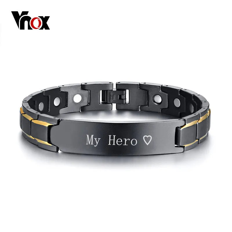 Vnox Personalized ID Jewelry Black Therapy Healing Magnetic Bracelets for Men Stainless Steel Power Bangle Father's Day Dad Gift