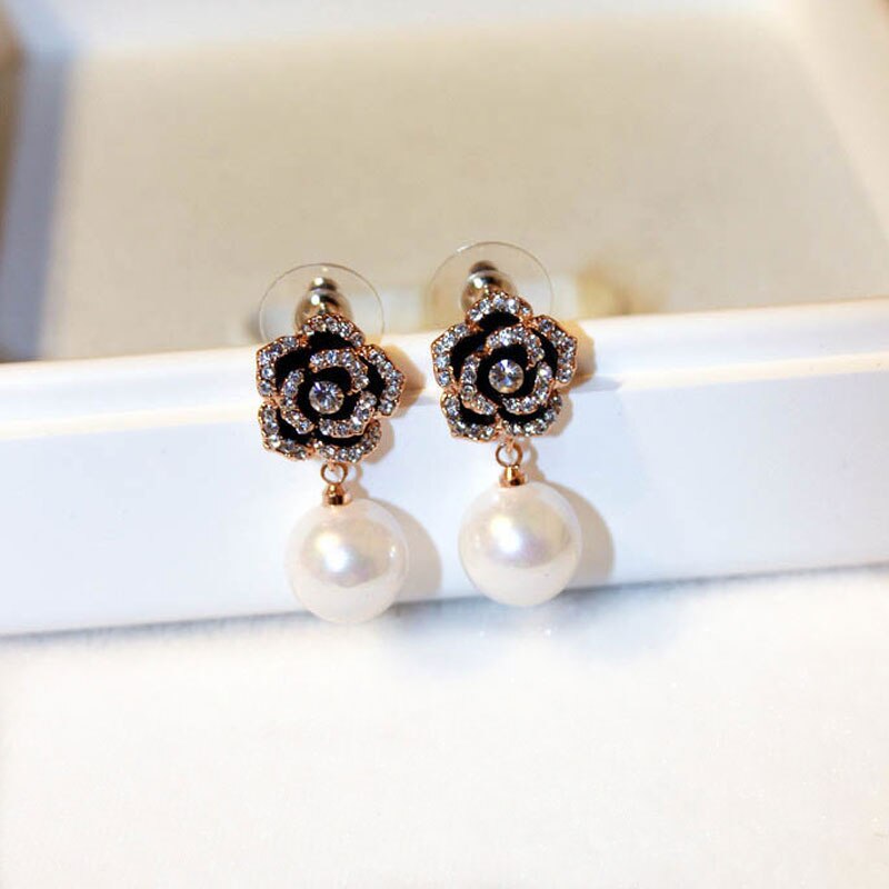 Exquisite Flowers Pearls Luxury Famous Brand Boucles Jewelry Earrings For Women Rhinestone Rose Fancy Earring