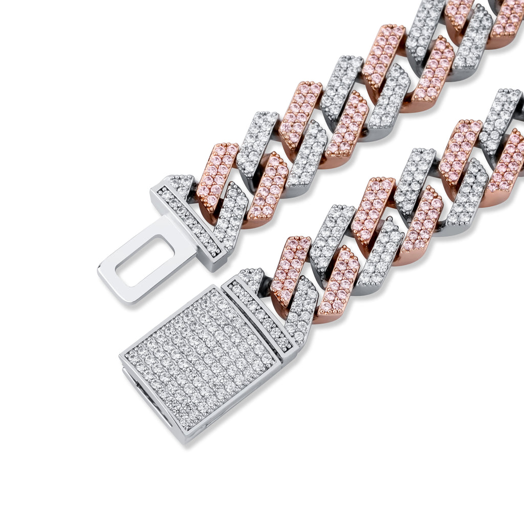 TOPGRILLZ 14mm Miami Prong Set Cuban Chains Necklace For Men Gold Color Hip Hop Jewelry Pink CZ Rapper Necklace
