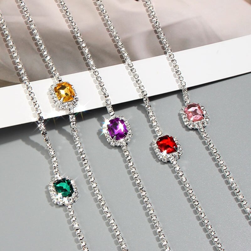 FLatfoosie Multicolor Square Rhinestone Pendant Necklace for Women Shiny Crystal Clavicle Chain Fashion Jewelry Party Gifts