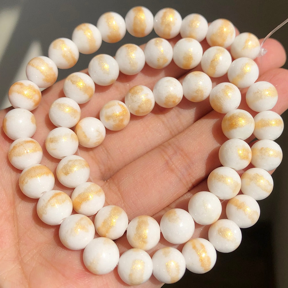 White Howlite Spun Gold plated Loose Stone Round Beads for Jewelry Making DIY Bracelet 15'' strand 4/6/8/10/12mm