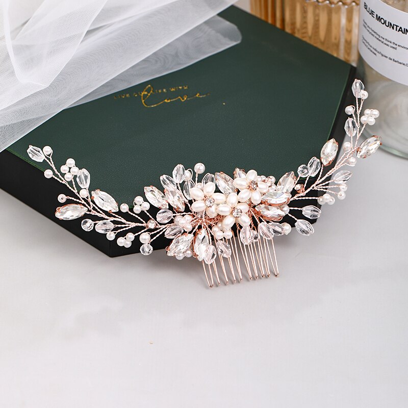 Fashion Rose Gold Wedding Hair Comb Flower Tiara Handmade Pearl Rhinestone Headdress Prom Bridal Hair Jewelr Accessories