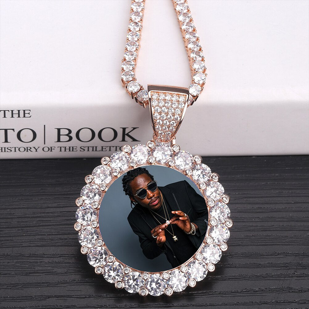 GUCY New Custom Photo Roundness Solid Back Pendant & Necklace With Tennis Chain Cubic Zircon Men's Hip Hop Jewelry