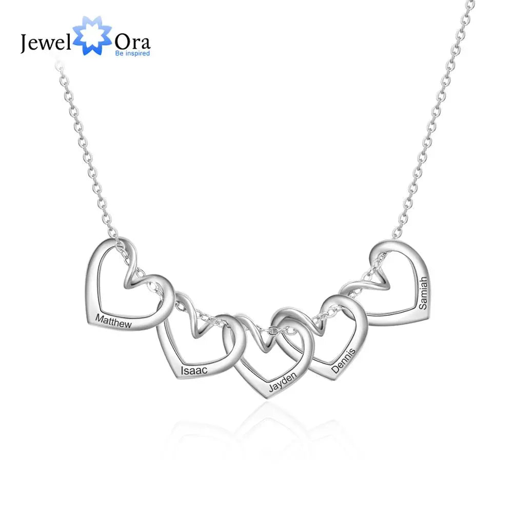 JewelOra Customize Engrave Family Name Necklace with Heart Pendants Personalized Name Stainless Steel Necklace Women Accessories