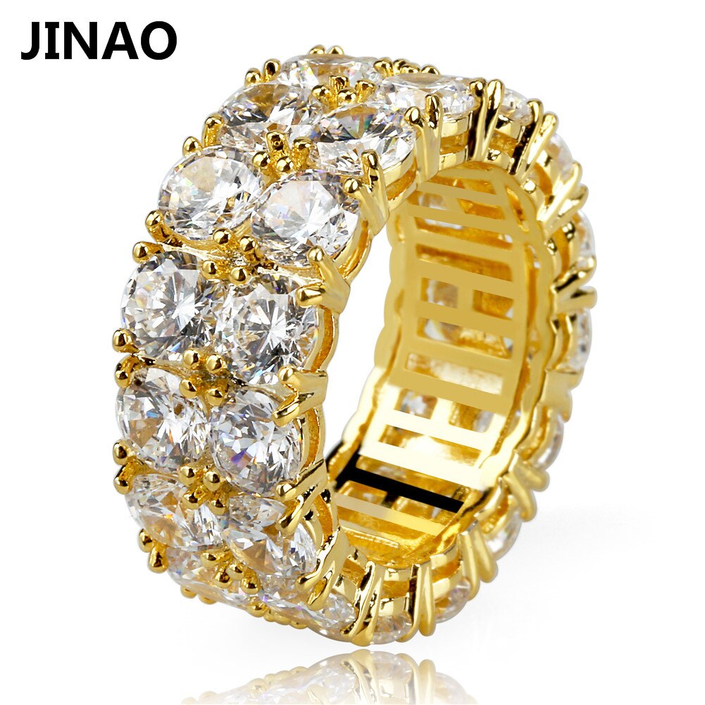 JINAO New Design Gold Silver Color Plated Ring Micro Paved 2 Row Chain Big  Zircon Shiny Hip Hop Finger Ring for Men Women