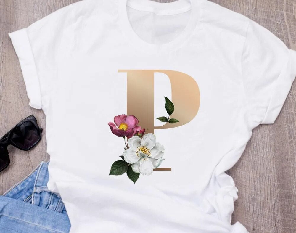 High-Quality Custom Personalized Name Letter (O) Combination T-Shirt for Women with Floral Alphabet Design in Short Sleeves.