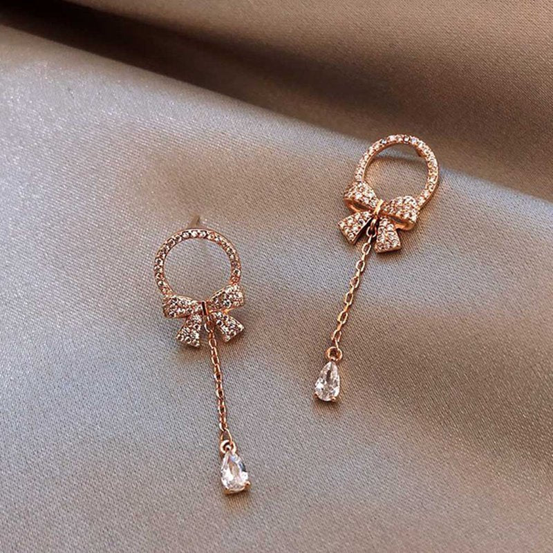 New Fashion Trendy Water Drop Women Dangle Earrings Bow Tassel Earrings Korean Earrings Zircon Long Jewelry Gifts