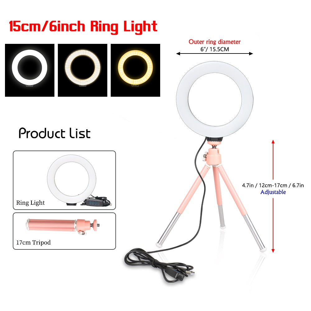 SH 16cm 6 inch Circle Round Light With Tripod Stand Usb Charge Selfie Led Lamp Dimmable Photography Light For Photo Photography Studio