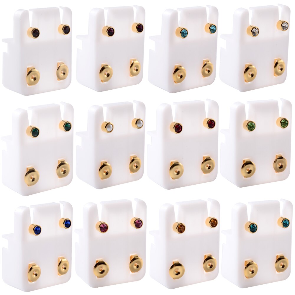 PAIR 24K plated gold birthstone CZ gemstone ear stud earrings for jewelry ear piercing.