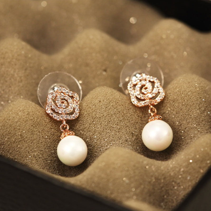 Elegant Women's Rose Quality Earrings With Full Crystal Flowers only or with Pearl.