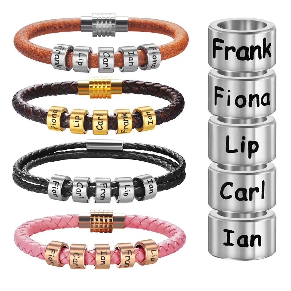 Customized Name Bracelet Stainless Steel Beads Genuine Leather Bangle Personalized Name Accessories Men Bracelets