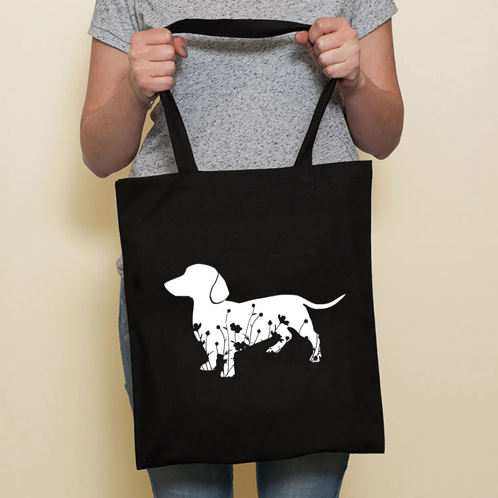 Cute Dog Harajuku Fashion Shopping Black Bags Canvas Tote Bag Bulldog Mom Dachshund Reusable Cloth Bag Handbag Shoulder Bags