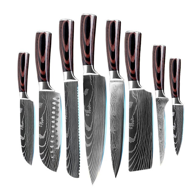 10pcs Damascus Kitchen Knife Set Laser Pattern Professional Chef Knives 440C Stainless Steel Knife Sharpener