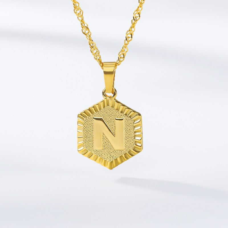 A-Z Letter Hexagon Initial Necklaces For Women Men Gold Color Stainless Steel Neck Chain Male Female Pendant Necklace Jewelry