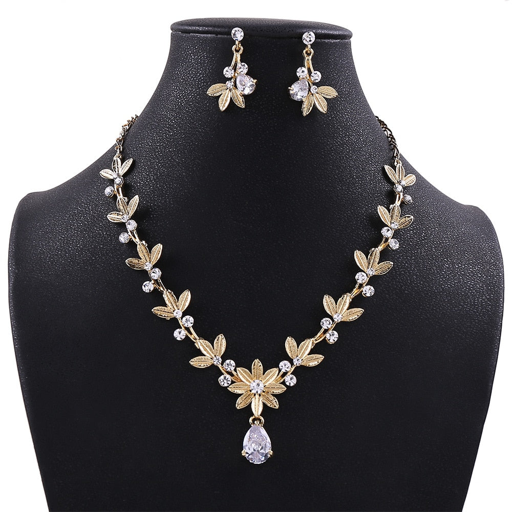 Luxury Crystal Pearl Leaf Bridal Jewelry Sets Rhinestone Crown Tiaras Necklace Earrings Set for Bride African Beads Jewelry Sets