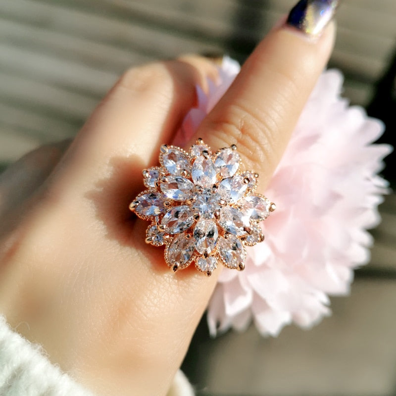 SINLEERY Luxury Crystal Flower Rings For Women Wedding Engagement Jewelry Rose Gold Silver Color Ring Size 67 8 9 10 JZ547 SSO