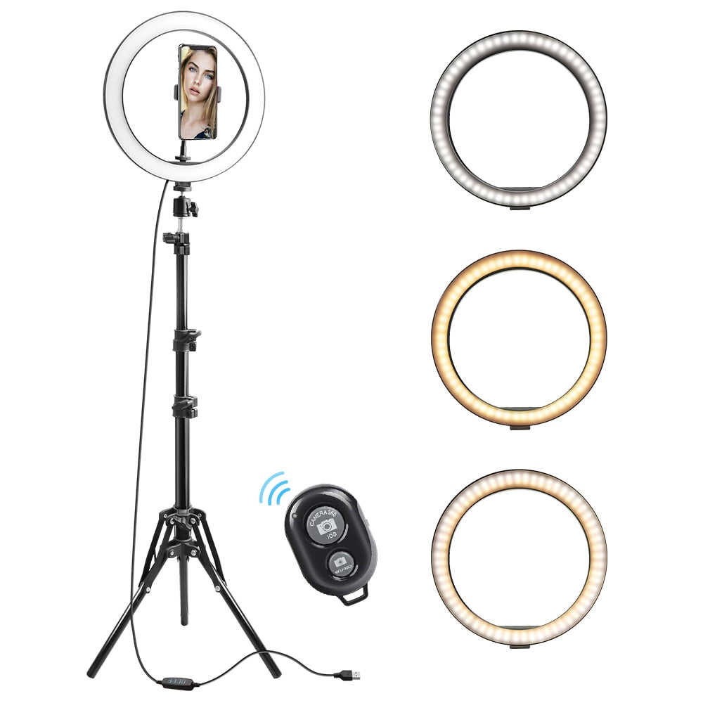 10 Inch 26cm Circle Ruond Light with Stand 3 Color LED Camera Selfie Light Circle round for iPhone Tripod and Phone Holder for Video Photography