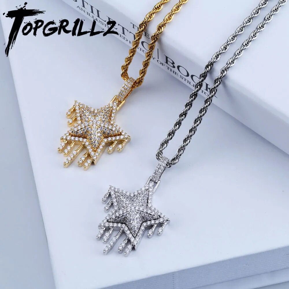 TOPGRILLZ Men&#39;s Women Iced Out Cubic Zircon Bling Drip Star Necklace &amp; Pendant Gold Silver Color Hip Hop Jewelry Tennis Chain