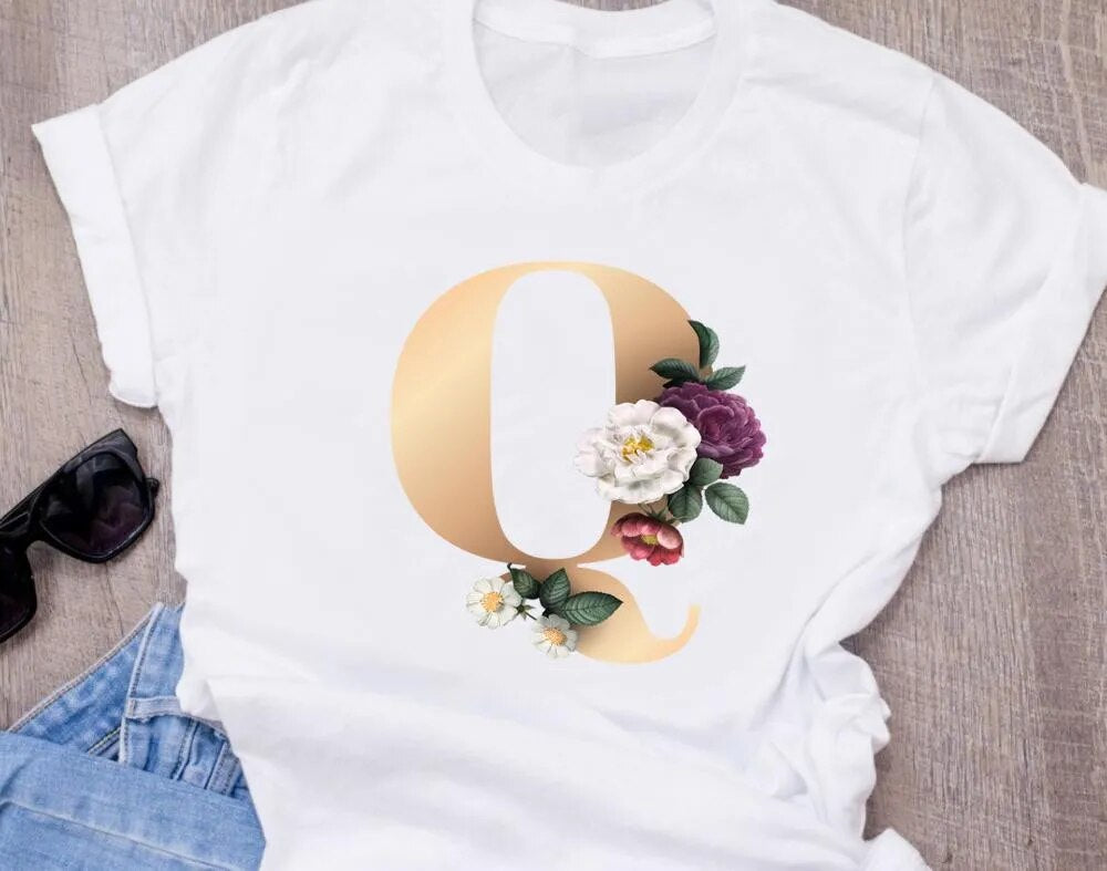 High-Quality Custom Name Letter (K) Combination T-Shirt for Women in Floral Alphabet Design in Short Sleeves.