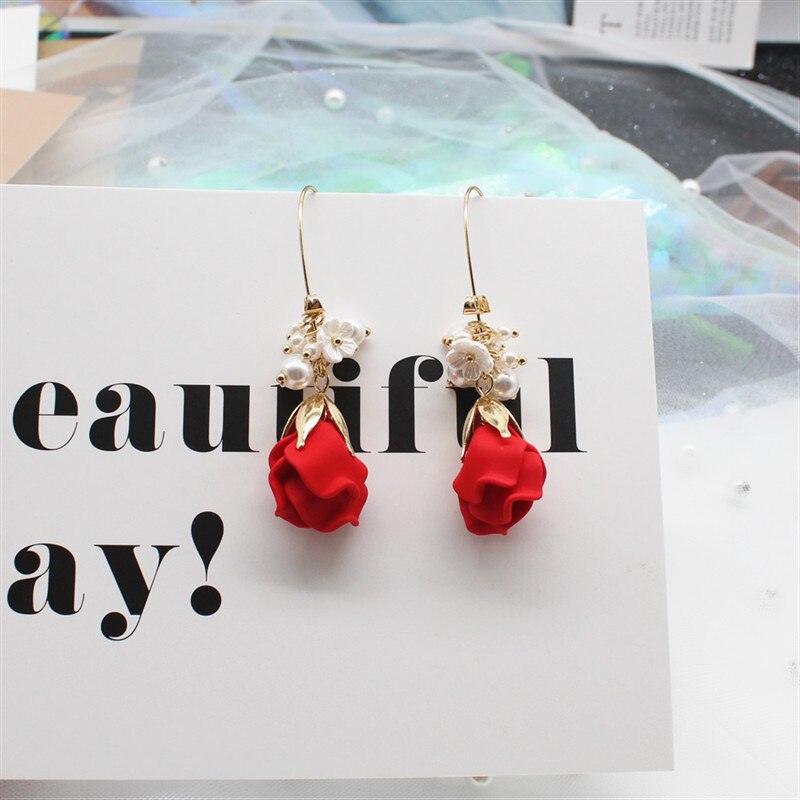 2019 hot fashion exaggerated earrings personality red rose petals long earrings beach party holiday earrings for women