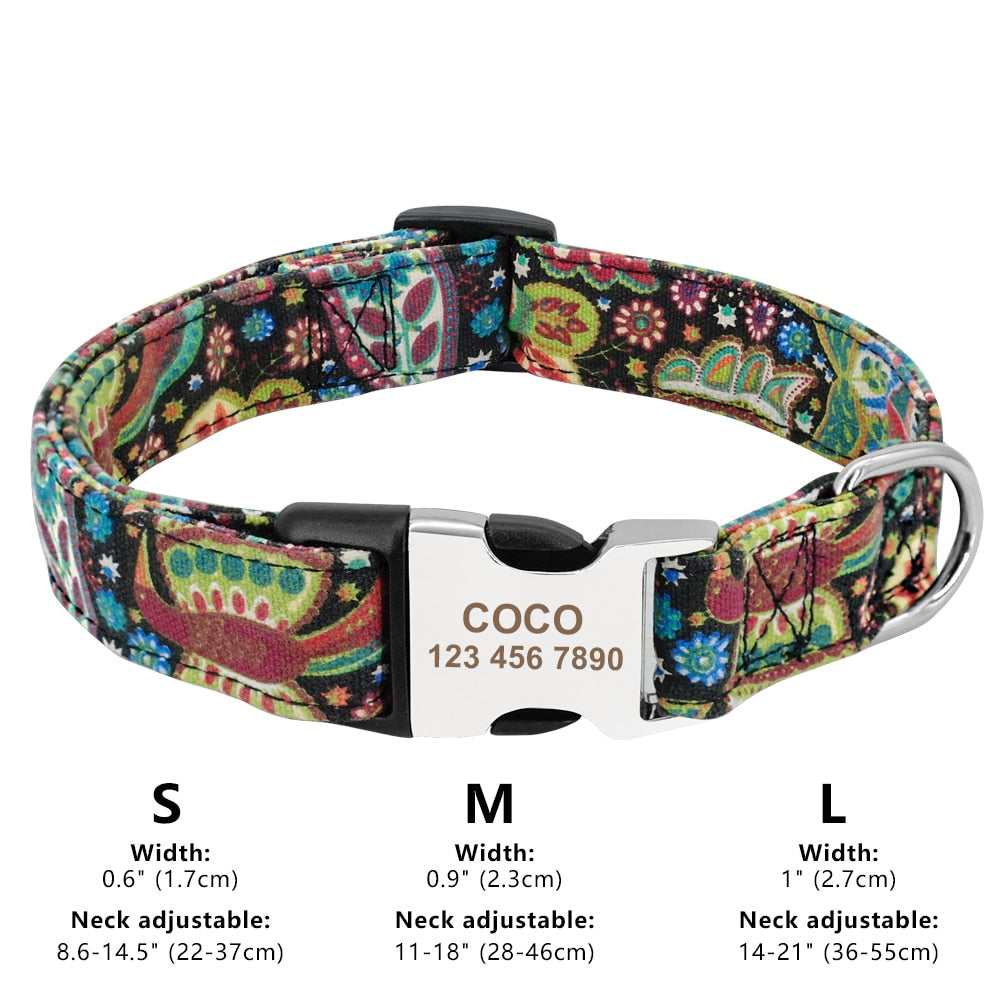 Personalized Dog Collar Nylon Print Dog Collars Customized Puppy Pet Collar Engraved Name ID for Small Medium Large Big Dogs Pug