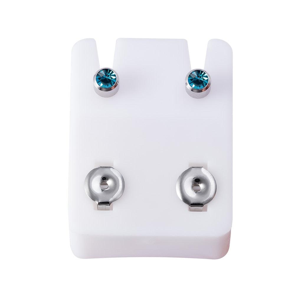 Birthstone CZ Ear Stud Earrings in Two Pieces with Gold Plated Steel or Stainless Steel Backs.