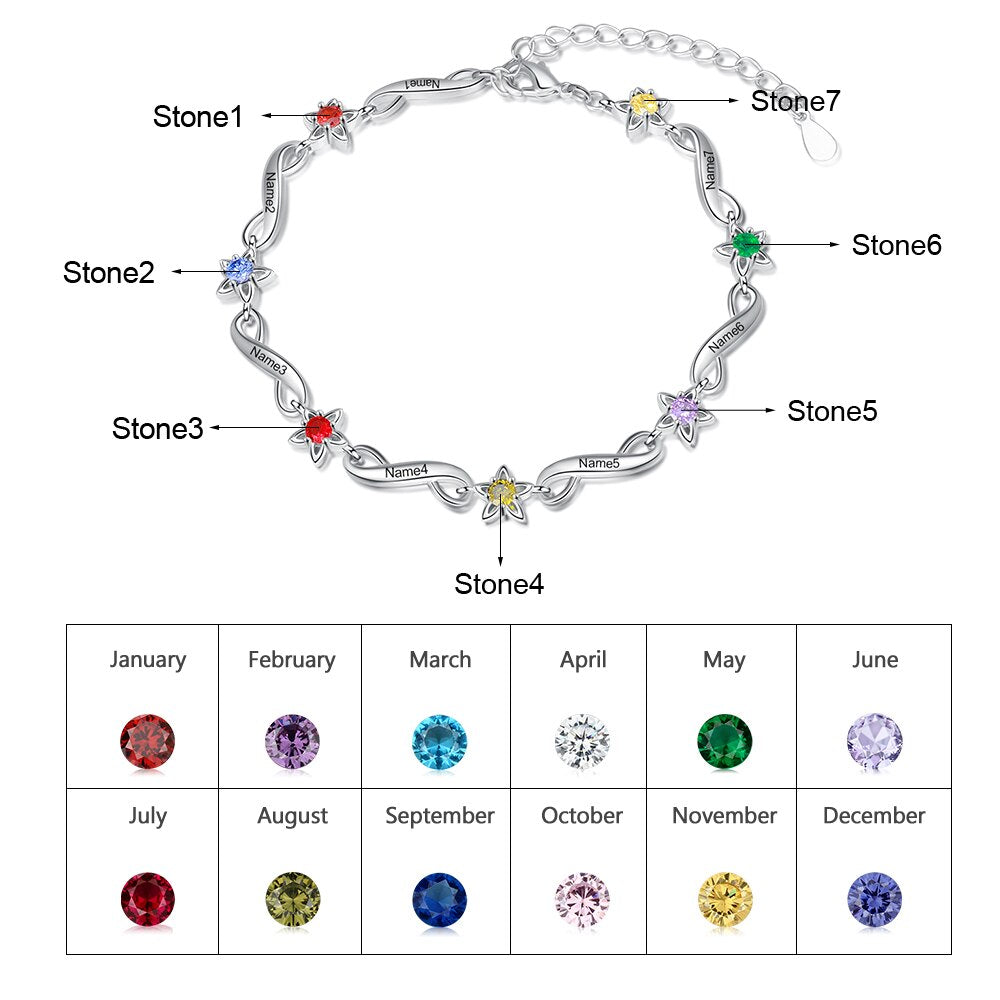 JewelOra Personalized Name Engraving Infinity Bracelet Customized 2-7 Inlaid Birthstone Flower Bracelets for Women Mothers Gifts