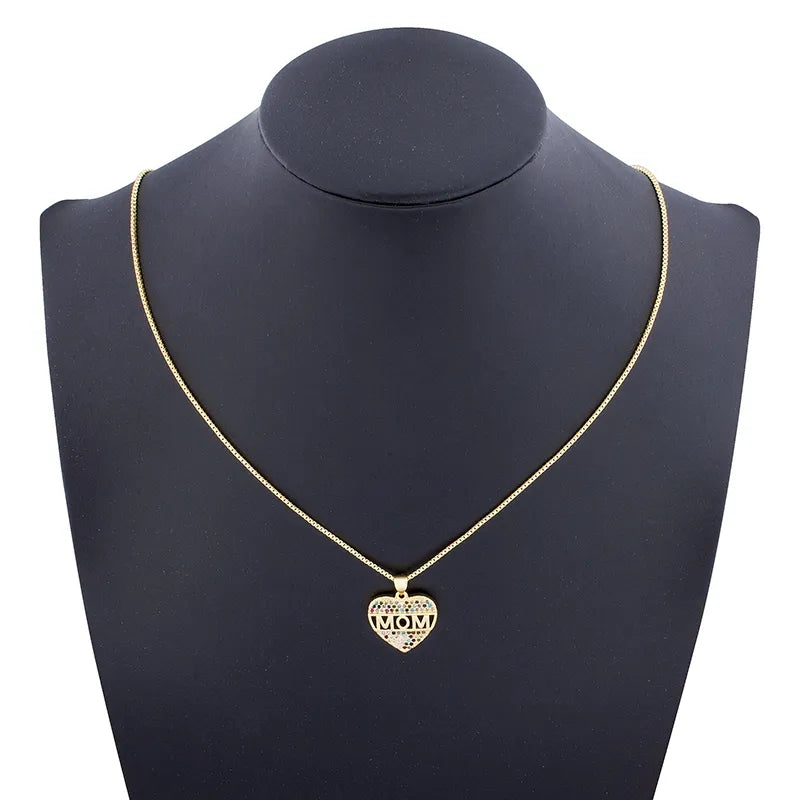 Fashion Colorful Mom Cubic Zirconia Heart Necklace Pendant Decoration Jewelry for Women Long Snake Chain Gift for Mother's Day