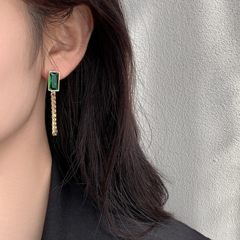 2021 New Classic Geometric Rectangle Green Crystal Stainless Steel Chain Tassel Earrings Girl&#39;s Unusual Accessories For Woman