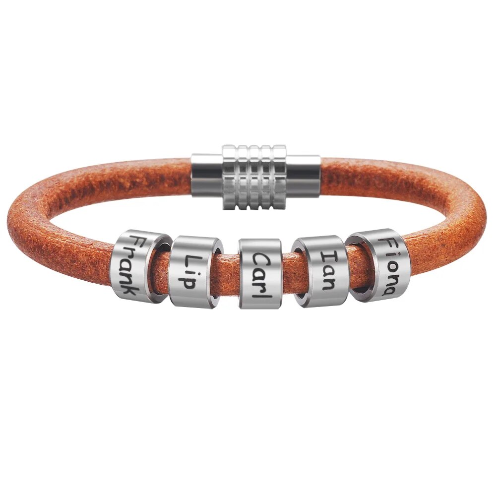 Customized Name Bracelet Stainless Steel Beads Genuine Leather Bangle Personalized Name Accessories Men Bracelets
