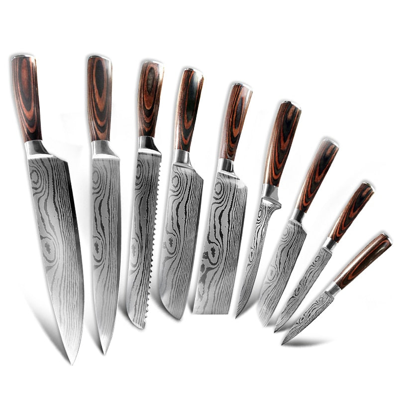 10pcs Damascus Kitchen Knife Set Laser Pattern Professional Chef Knives 440C Stainless Steel Knife Sharpener