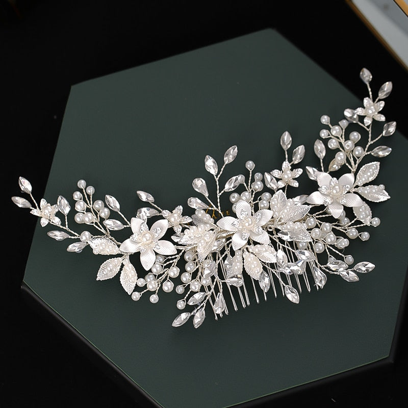 Handmade Silver Color Flower Hair Comb Pearl Rhinestone Flower Hair Accessories For Women Bride Wedding Accessories Tiara