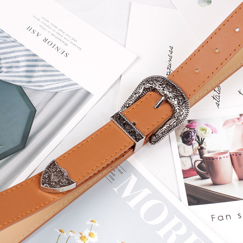 Women's Retro Pin Buckle Belt Vintage Carved  PU Leather Gothic Casual Fashion All-Match Belt Dress Waistband Luxury Brand