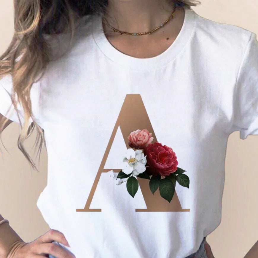 High-Quality Custom Personalized Name Letter (O) Combination T-Shirt for Women with Floral Alphabet Design in Short Sleeves.