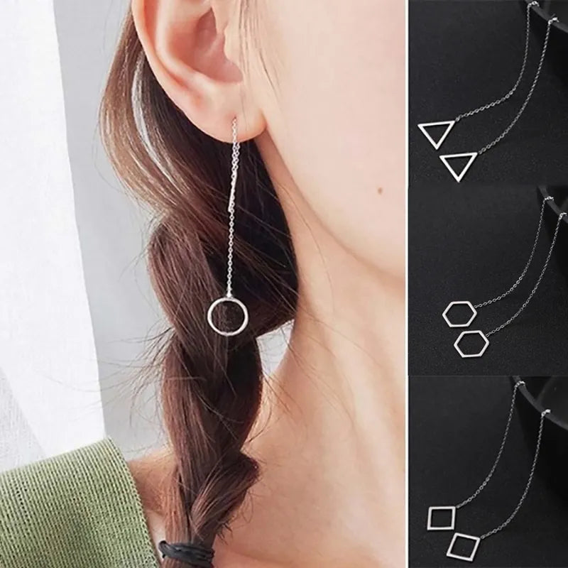 Teamer Simple Geometric Square Circle Long Earrings Long Chain Ear Wire Fashion Linear Earring Women Stainless Steel Jewelry