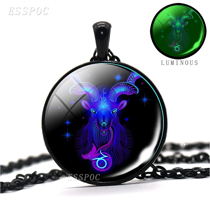 12 Constellations Zodiac Signs Luminous Glass Cabochon Necklace - Leo, Virgo, Cancer, Libra, Gemini, Pisces, Aries and More