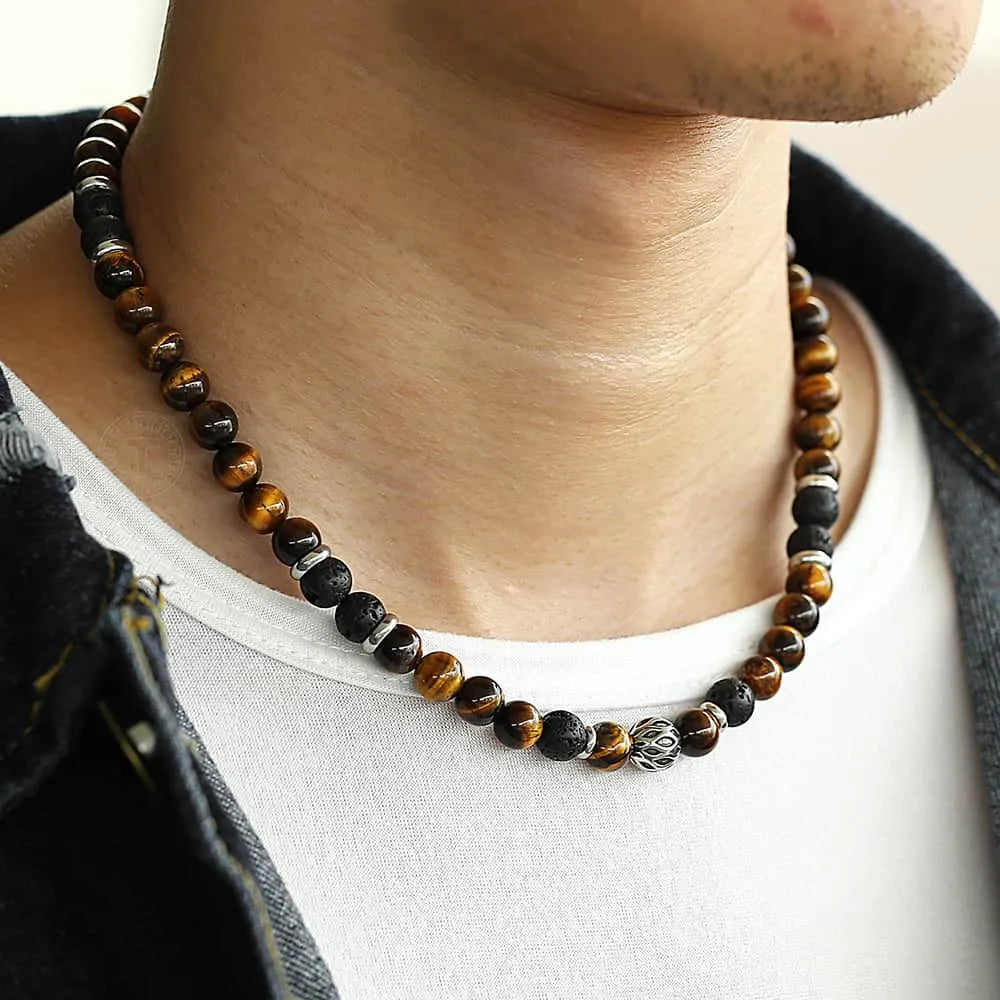 8mm Natural Stone Tiger Eyes Lava Bead Necklace Stainless Steel Beaded Charm Choker Neck Chain Fashion Male Jewelry 18/20inch