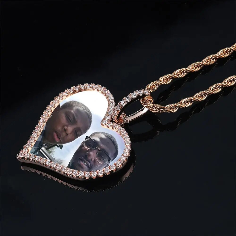 TOPGRILLZ Custom Made Photo Heart Medallions Necklace &amp; Pendant With 4mm Tennis Chain AAA Cubic Zircon Men&#39;s Hip Hop Jewelry