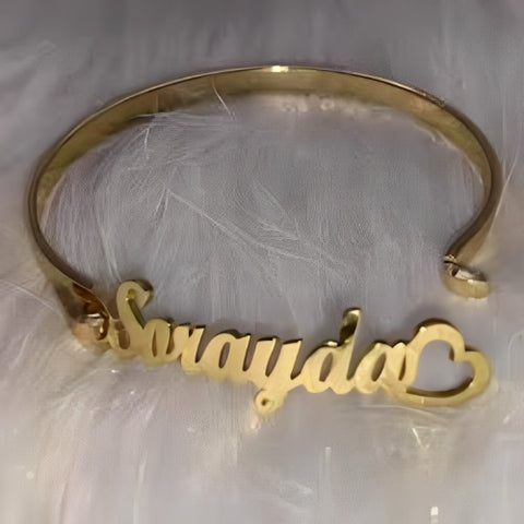 Heart Decorated Design Customized Name Gold Plated Bracelet Bangle