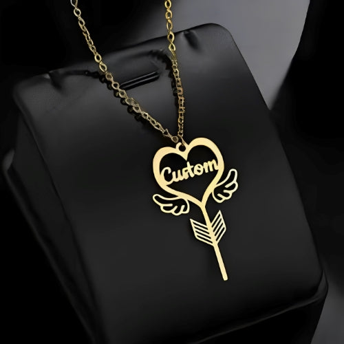 Heart Key Shape wings Customized Name Gold Pendant.