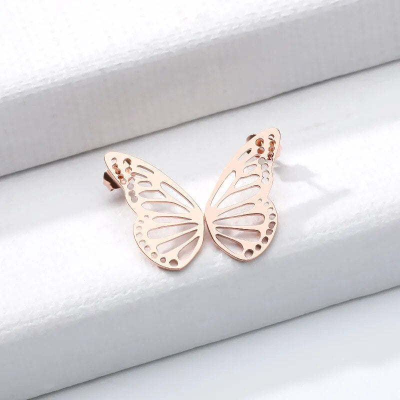 Gold Color Hollow Butterfly Small Earrings Elegant Fan Shaped Women Stainless Steel Stud Earrings Fashion Jewelry Pendientes BFF