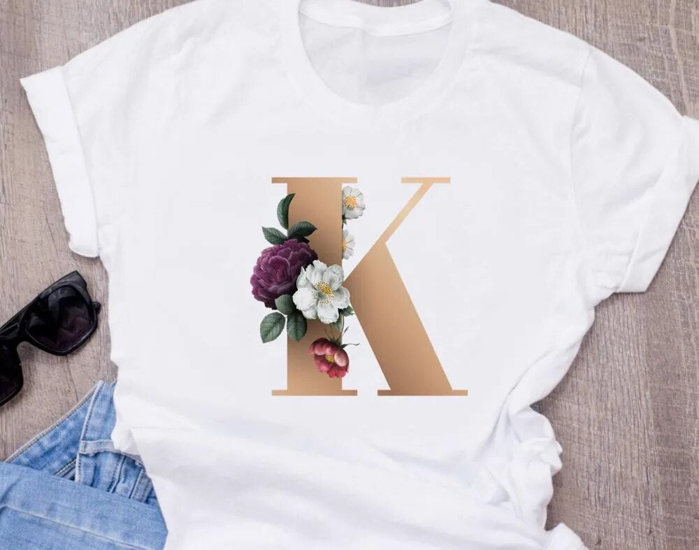 High-Quality Custom Personalized Name Letter (O) Combination T-Shirt for Women with Floral Alphabet Design in Short Sleeves.