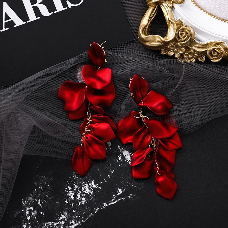 2019 hot fashion exaggerated earrings personality red rose petals long earrings beach party holiday earrings for women