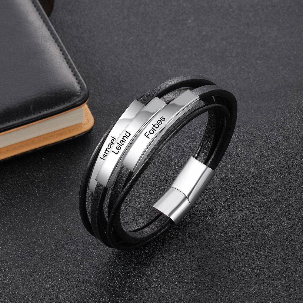 JewelOra Personalized Free Engraving Name Bar Bracelets for Men Stainless Steel Multilayer Leather Bracelet Men Jewelry Gifts